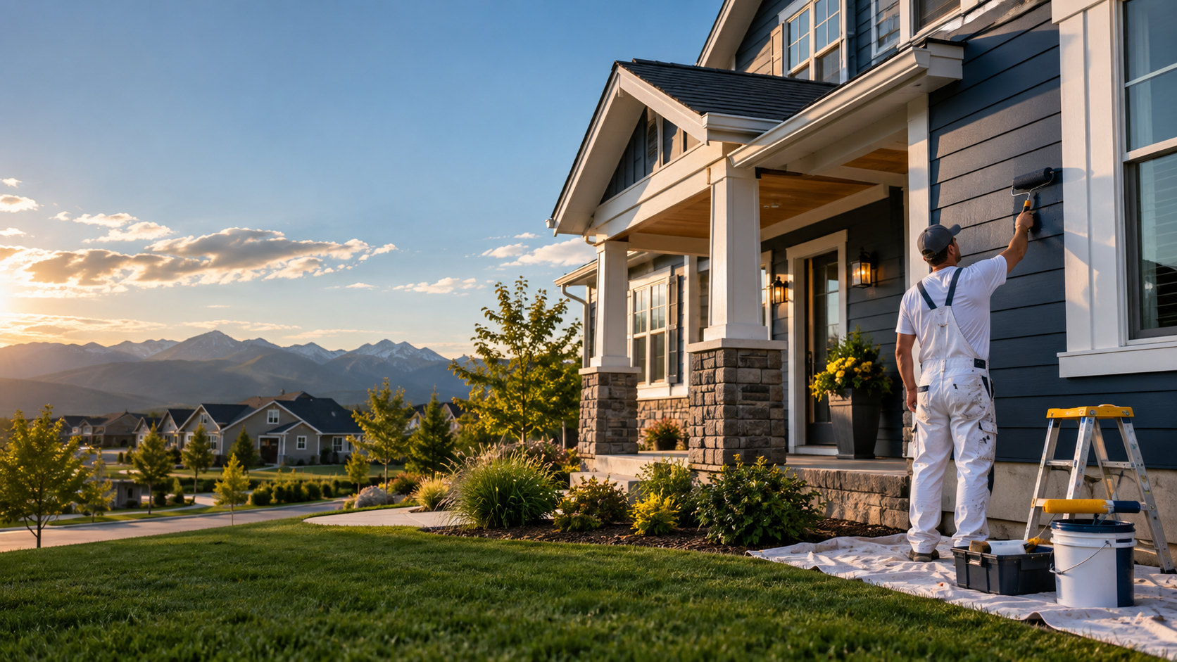 Professional painter applying a charcoal-blue finish to a Colorado home